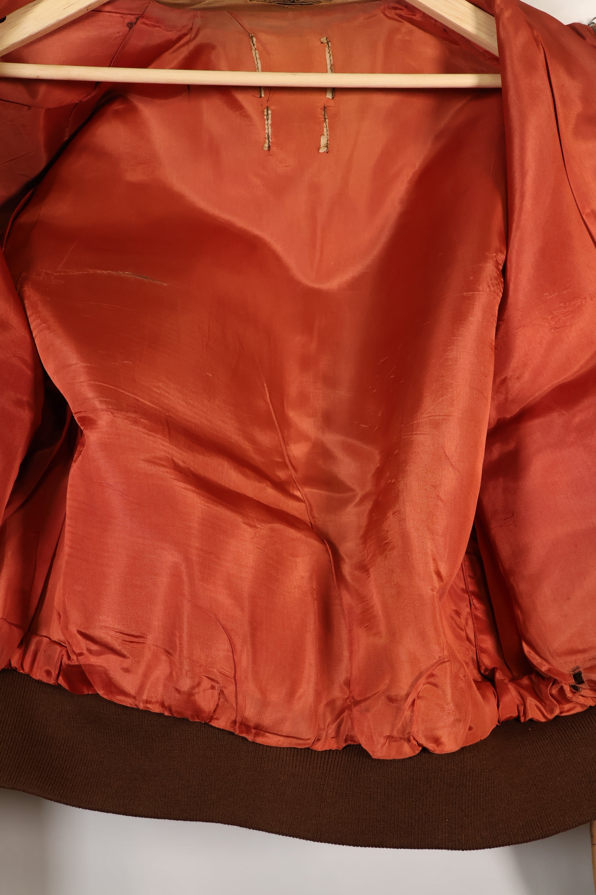 1940's size 46, maker unknown, USAAF A-2 flight jacket, damaged condition, used.