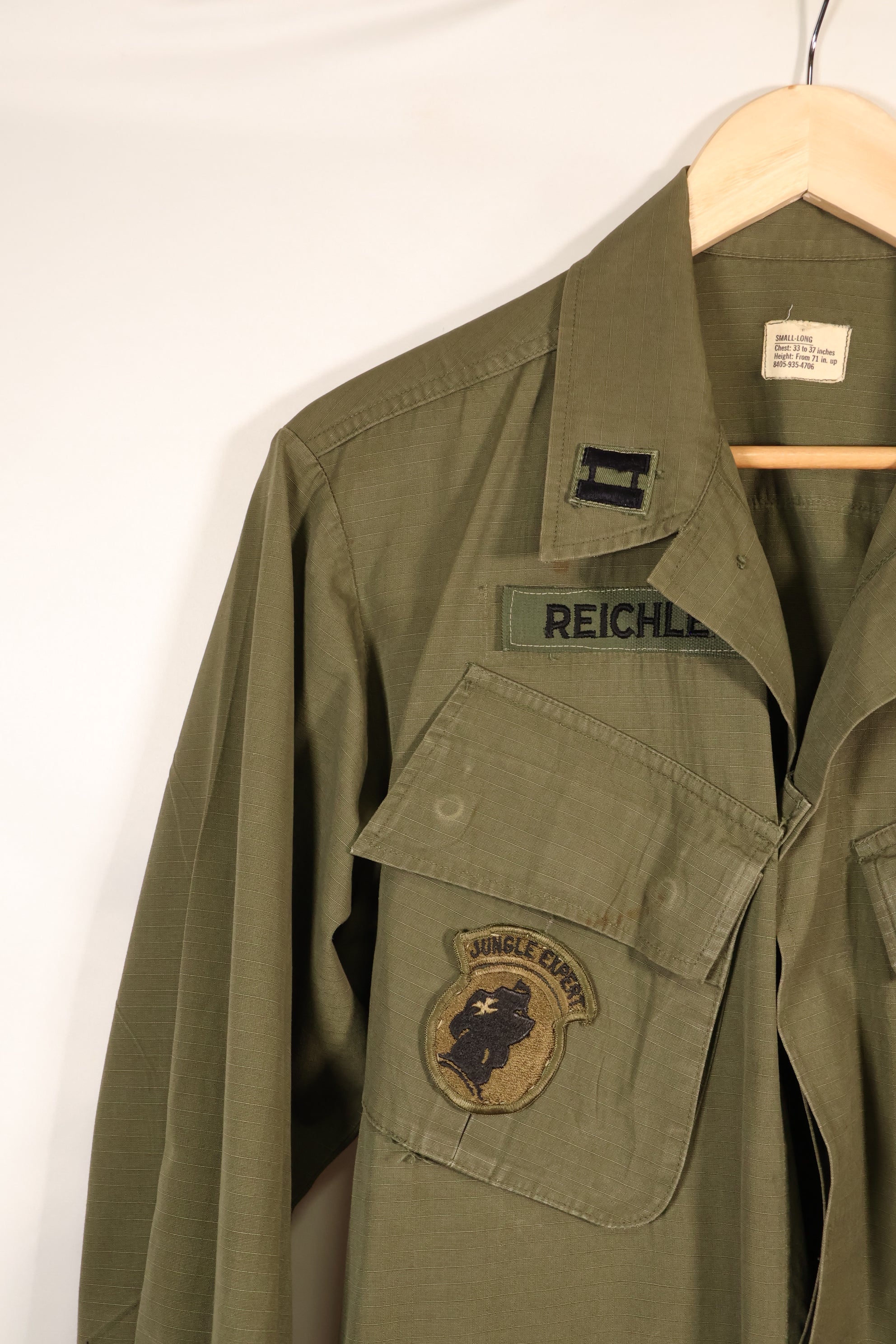 Late 1960s, S-L, U.S. Military, 4th Model Jungle Fatigue Jacket, with added patches, used