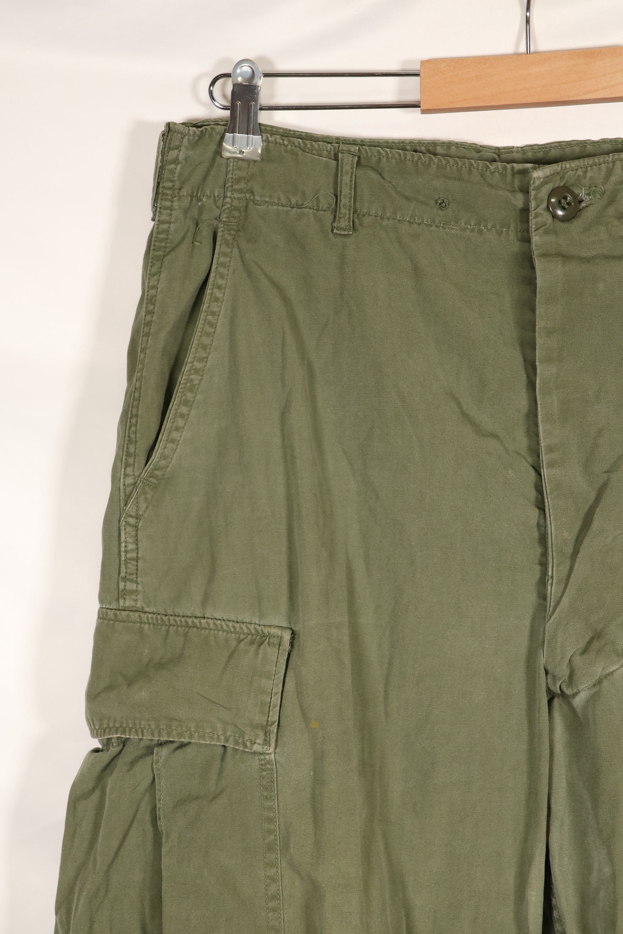 Estimated circa 1965 M-R 2nd Model Jungle Fatigue pants, faded, used.