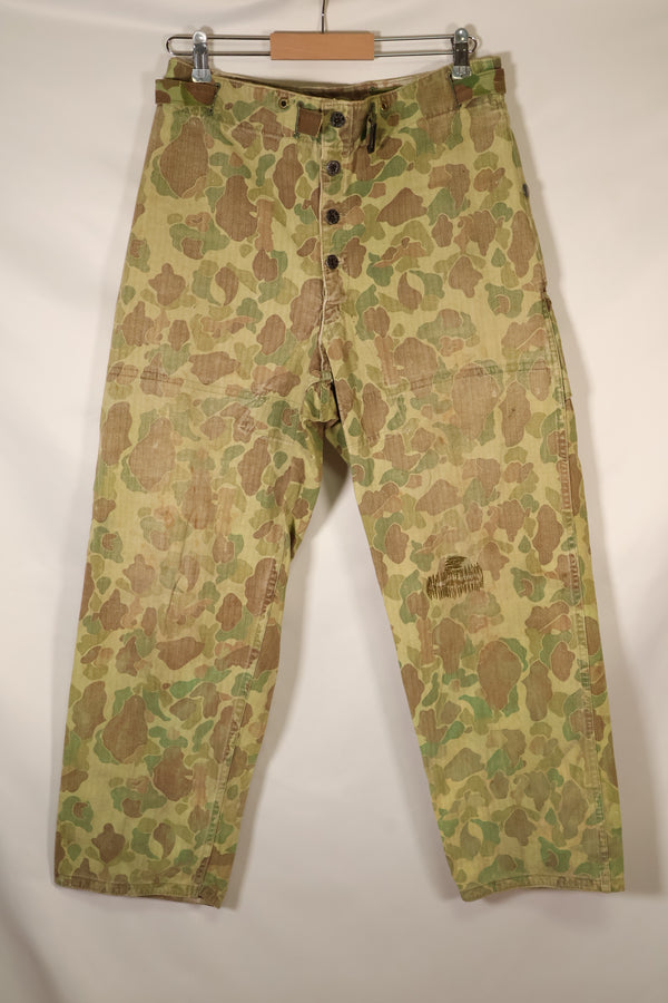 1940s WWII USMC P-44 Frogskin camouflage duck hunter pants, repaired, used.