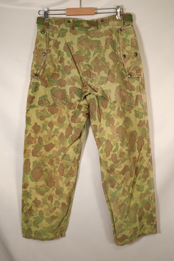 1940s WWII USMC P-44 Frogskin camouflage duck hunter pants, repaired, used.