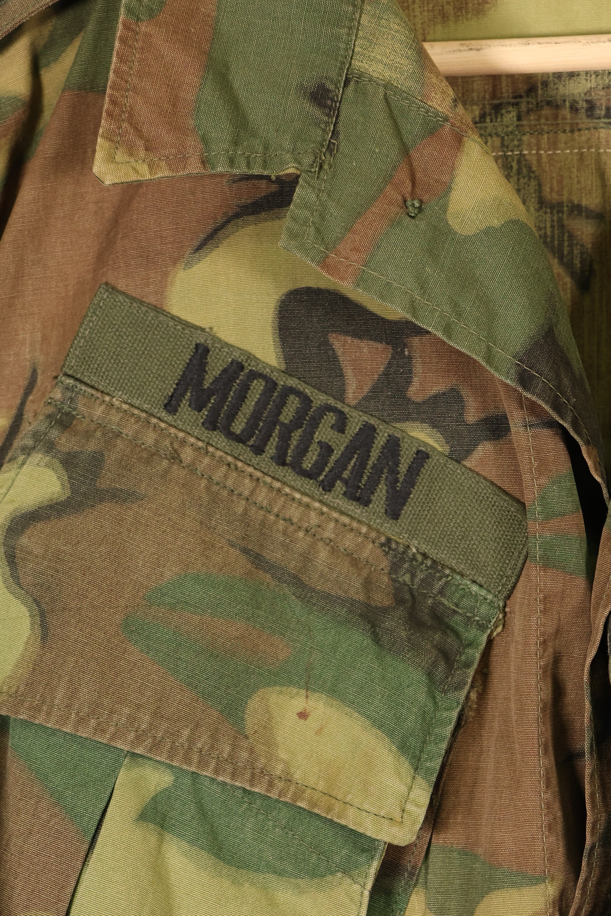 Mid-1960s non ripstop fabric ERDL camouflage rare print fabric jungle fatigues jacket, used.