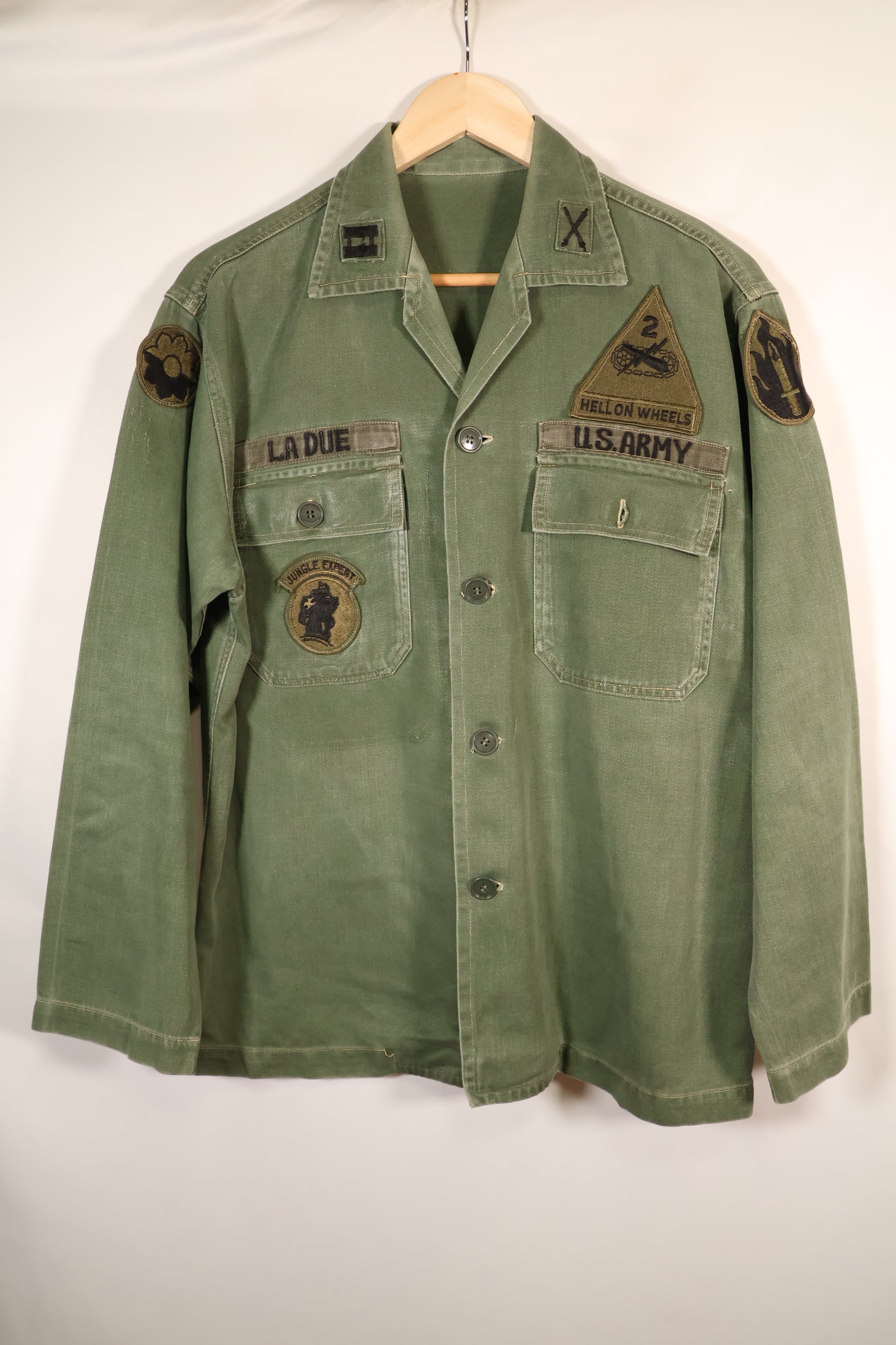 1960s, Estimated Size: SMALL, OG-107 Utility Shirt with Patches, Used