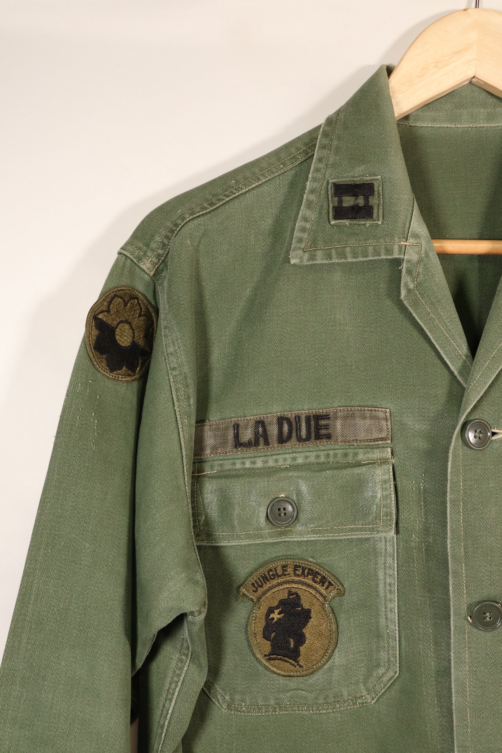 1960s, Estimated Size: SMALL, OG-107 Utility Shirt with Patches, Used