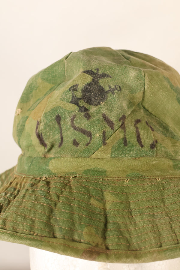 1960s-early 70s USMC privately procured Mitchell pattern camouflage shelterhalf boonie hat, used.