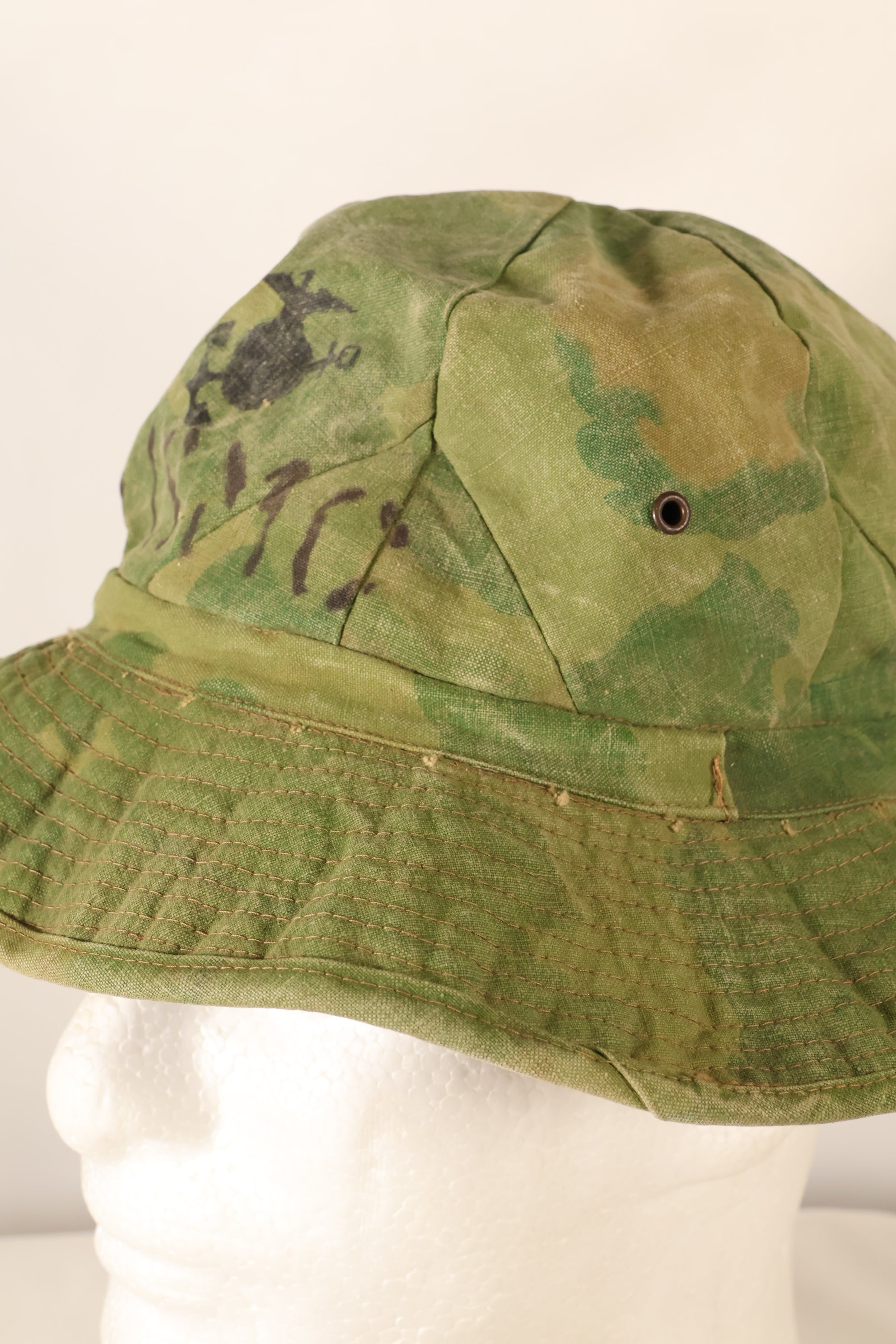 1960s-early 70s USMC privately procured Mitchell pattern camouflage shelterhalf boonie hat, used.