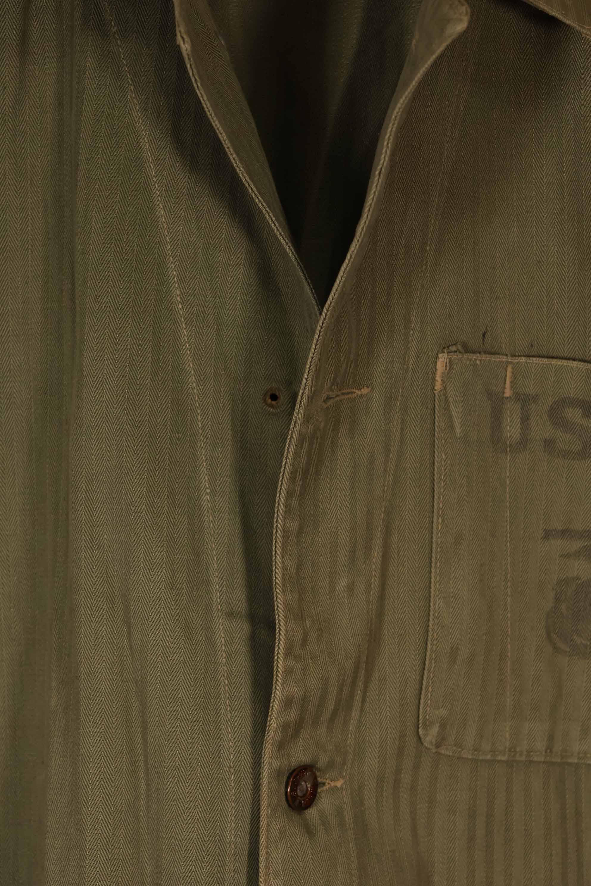 Real 1940s USMC M41 HBT Utility Jacket, US Marine Corps, missing pocket.