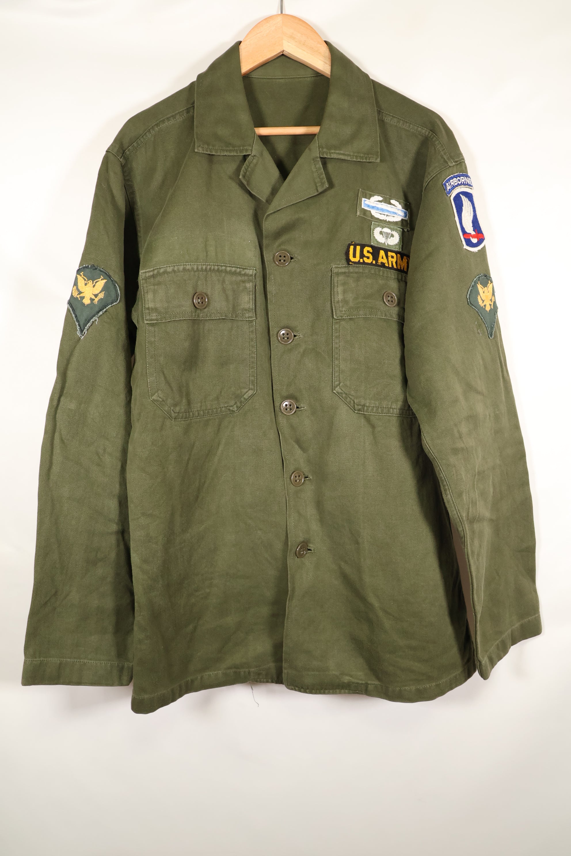 Early 1960s, 173rd Airborne Brigade, OG-107 Utility Shirt, Authentic Insignia, Used