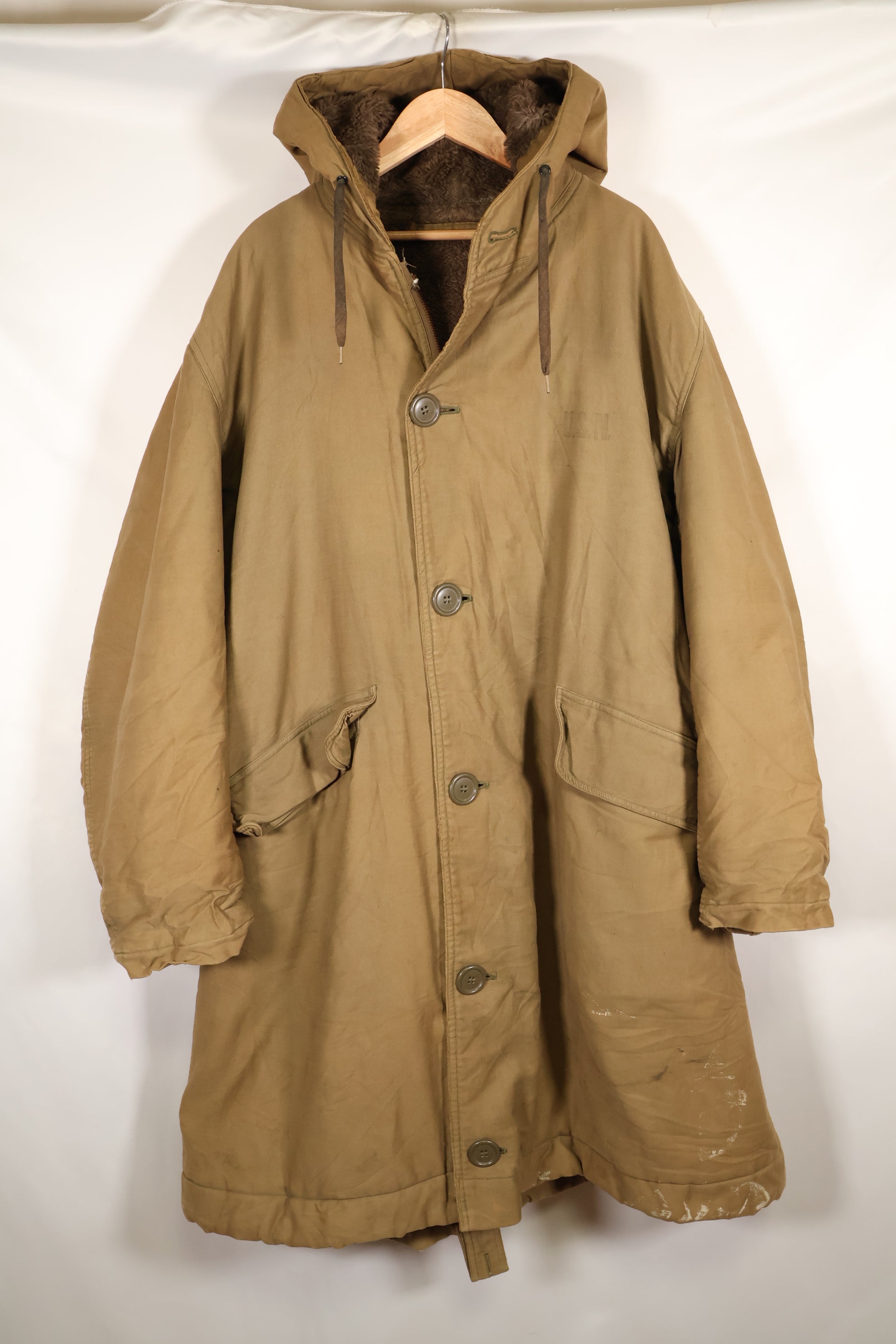1940s, WWII, U.S. Navy, N-1 Deck Coat, Hooded Jacket, Faded, Stenciled, Used