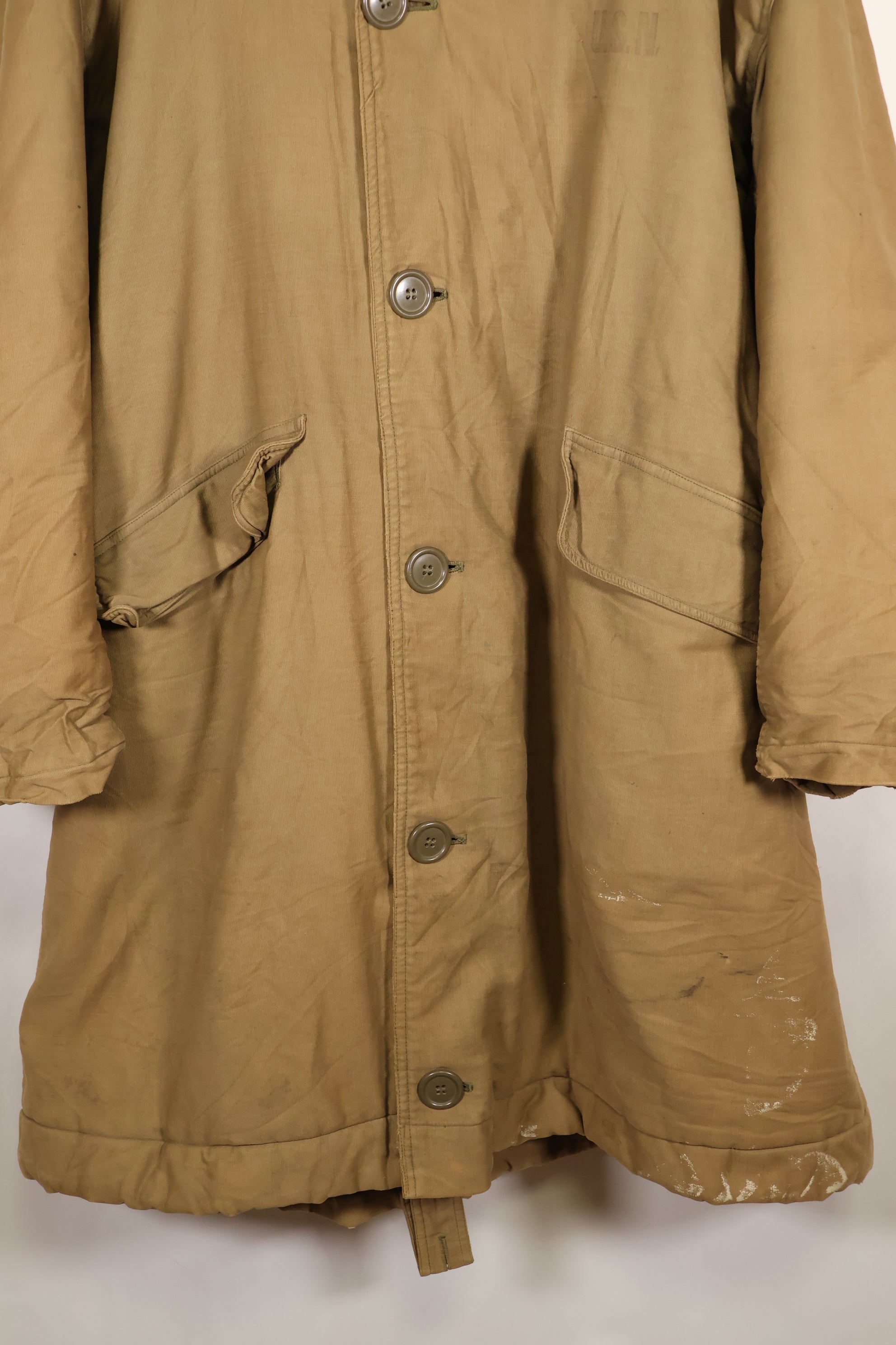 1940s, WWII, U.S. Navy, N-1 Deck Coat, Hooded Jacket, Faded, Stenciled, Used