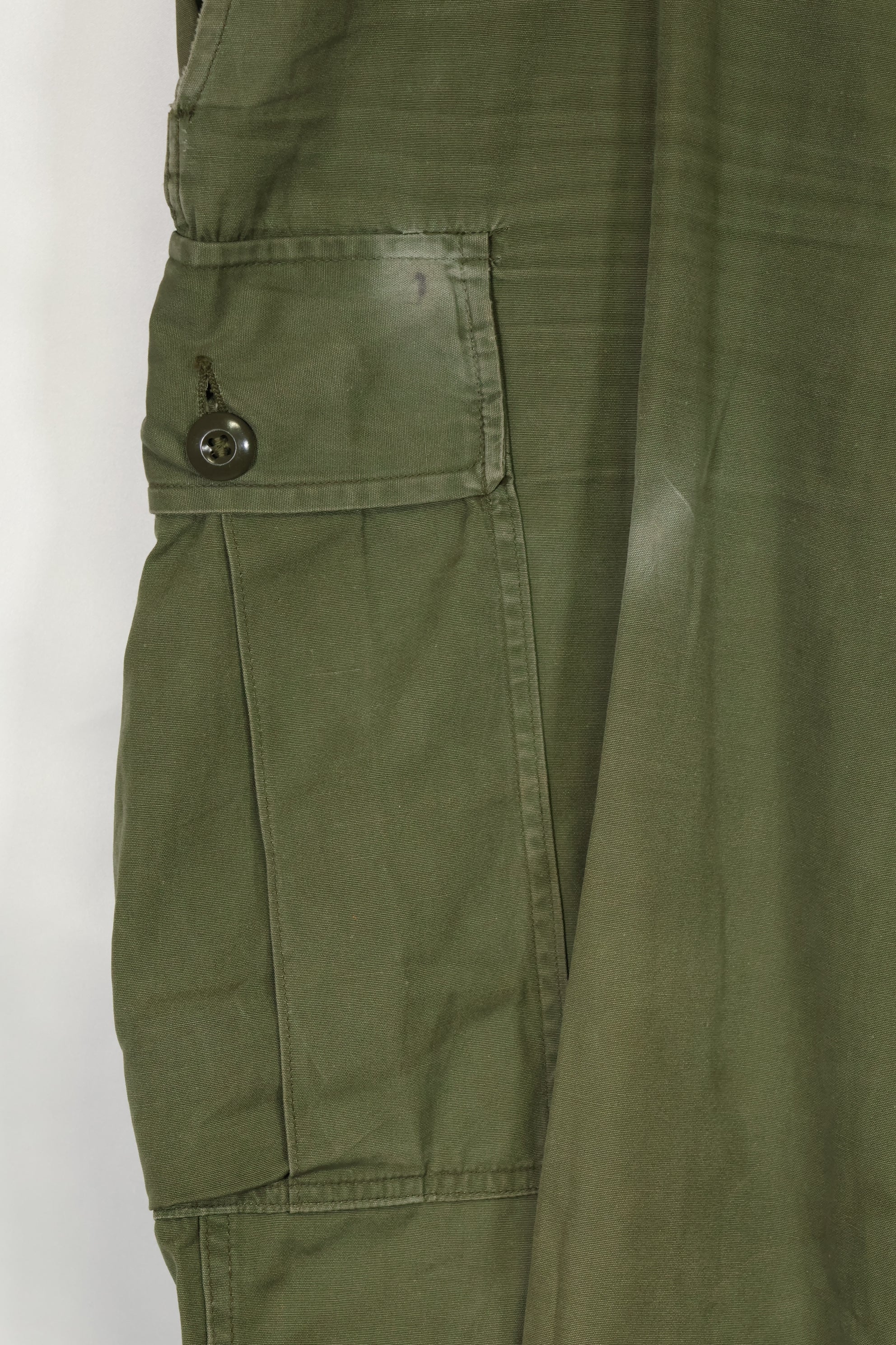 1964 Contract 1st Model Jungle Fatigue Pants, L-R, stained, repaired, used.