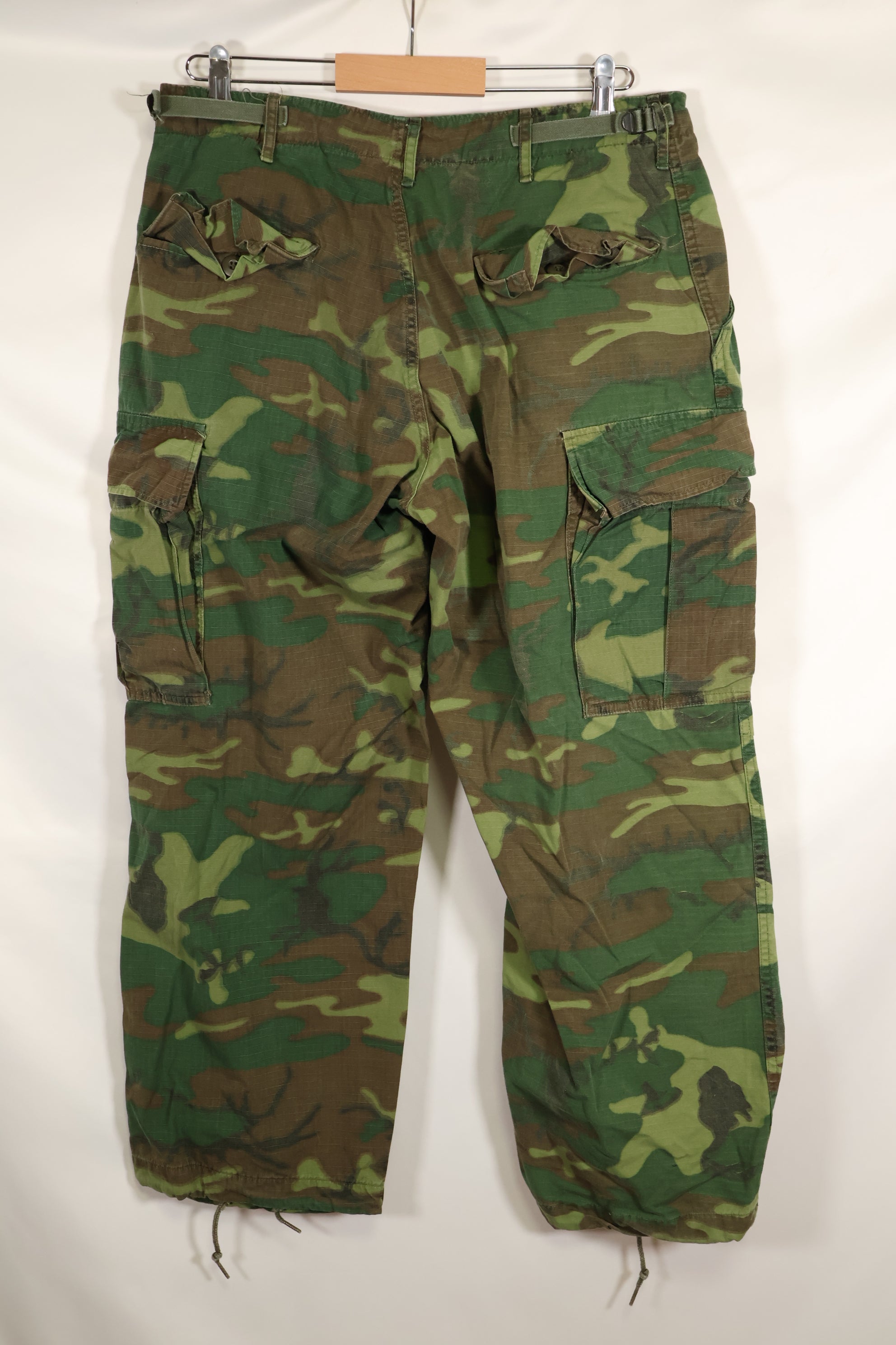 1969 Contract M-S Ripstop ERDL Camouflage Jungle Fatigue Pants, faded, used.