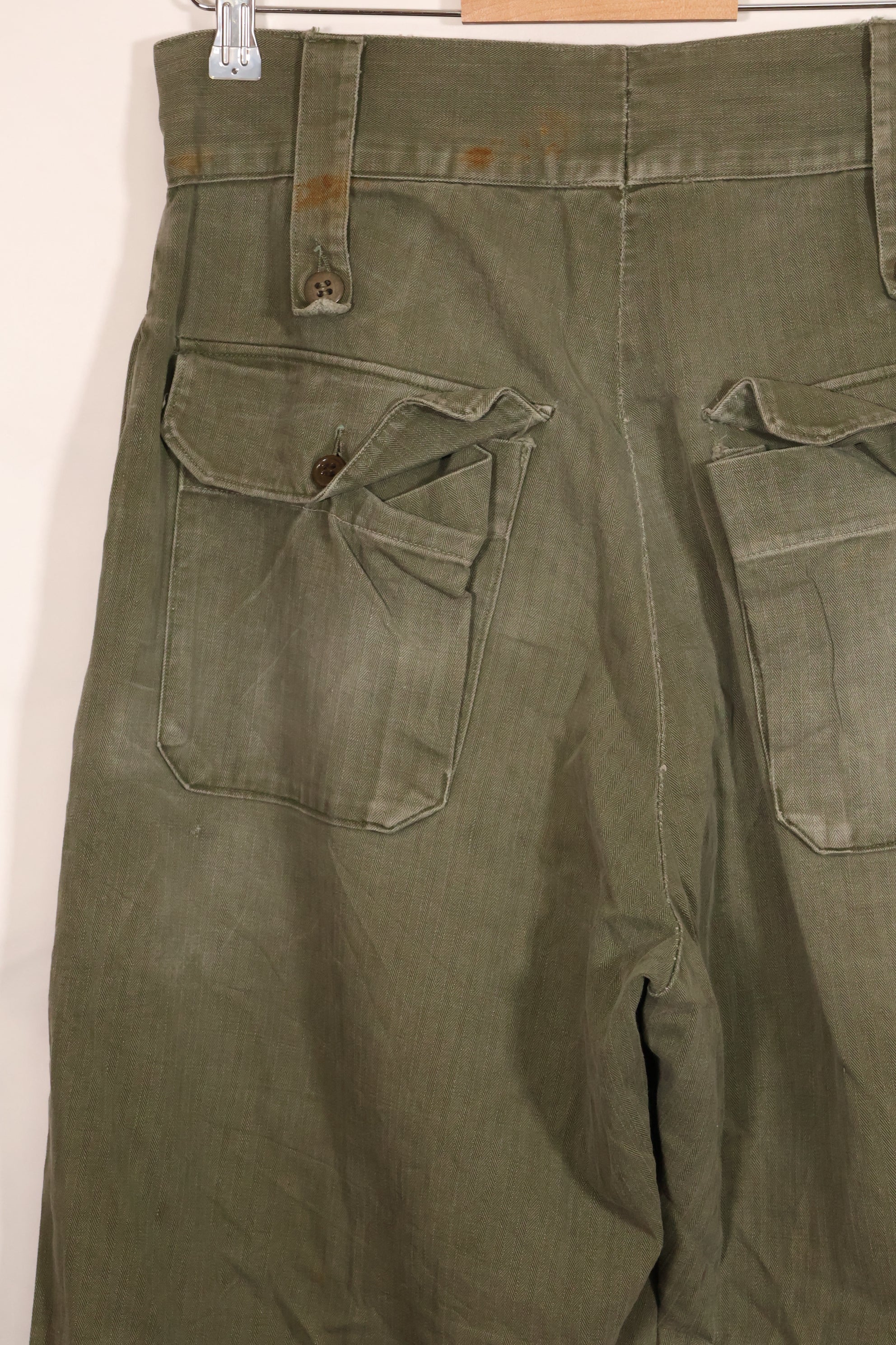 Real 1940s WWII US made British Army HBT jungle trousers, used.