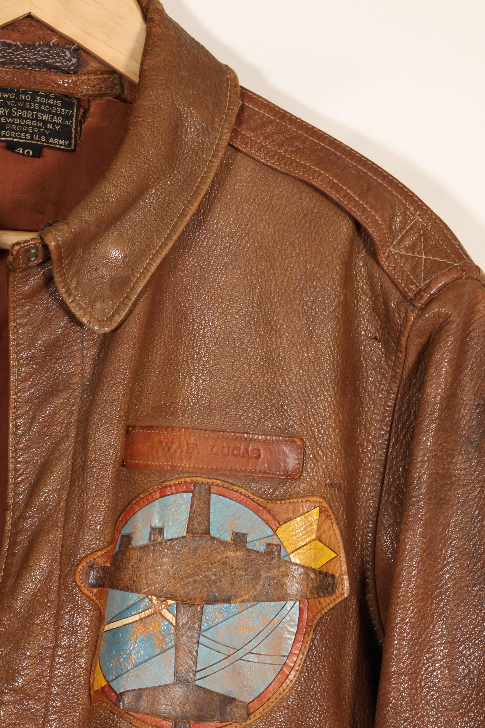 1940s size 40 US Army Air Corps USAAF A-2 flight jacket with squadron patch, used.