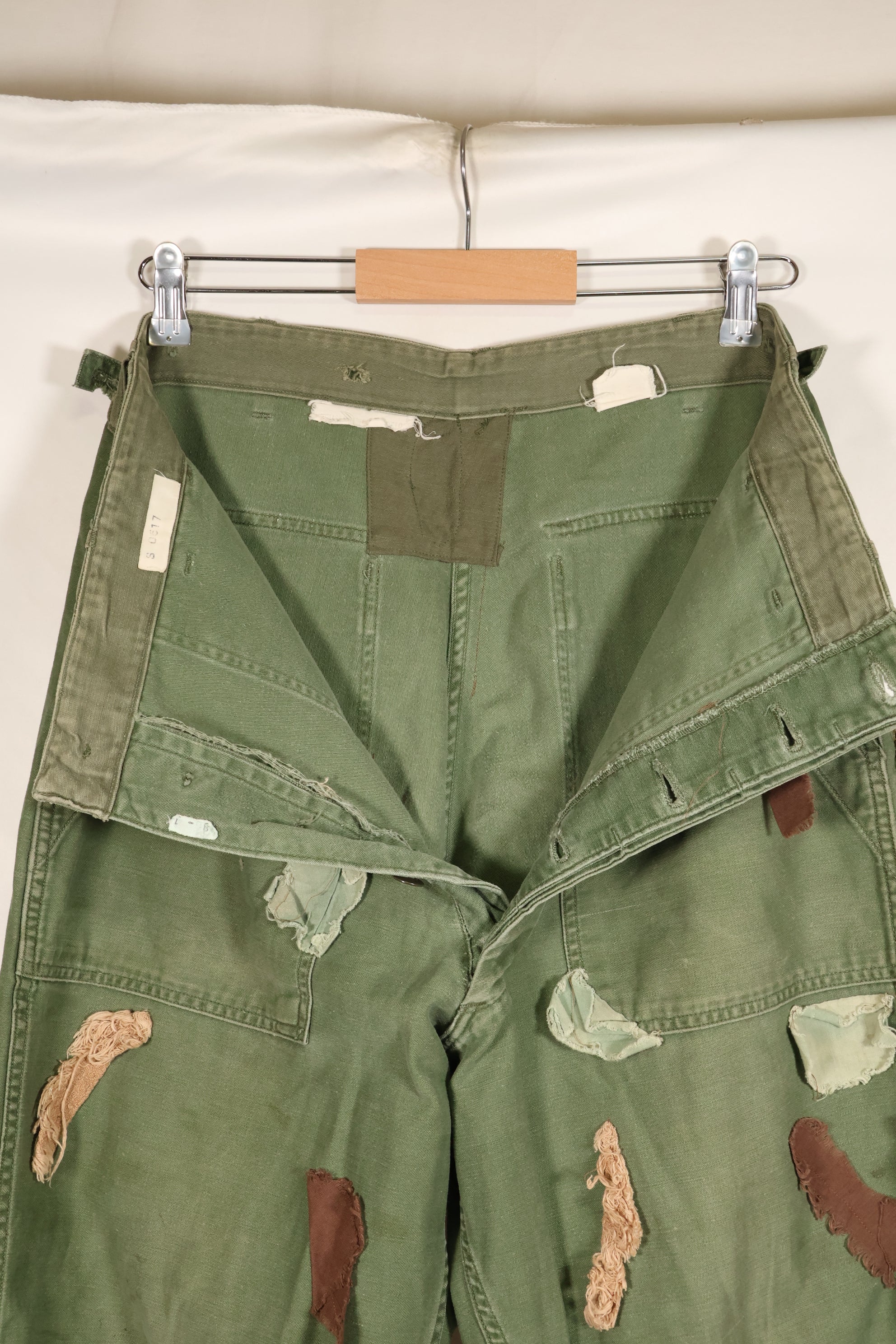 Early 1960s MEDIUM OG-107 Utility Pants, Type I Baker Pants, with camouflage, modified for sniper use