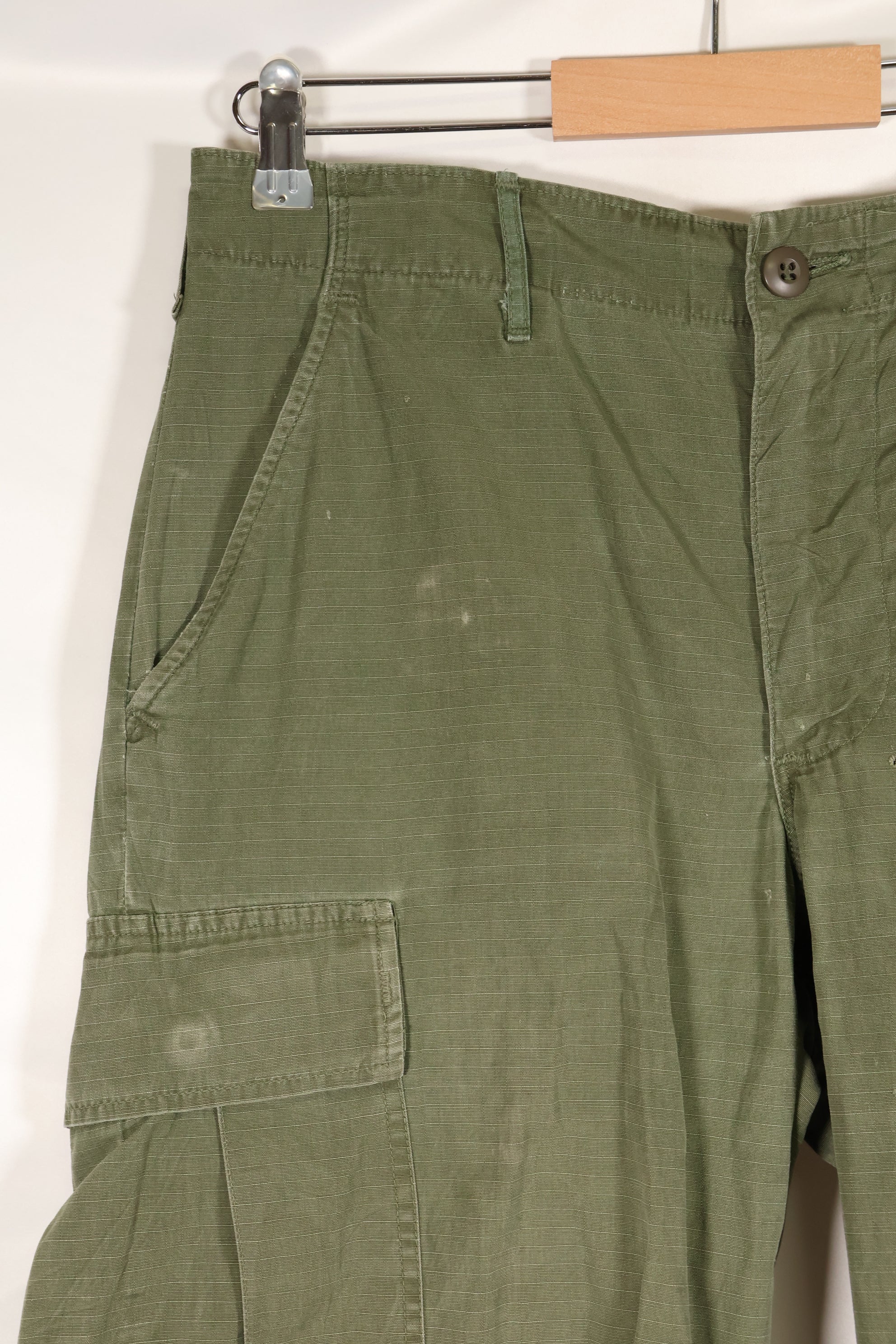1968 Contract S-R 4th Model Jungle Fatigue Pants, used with fading and repairs.