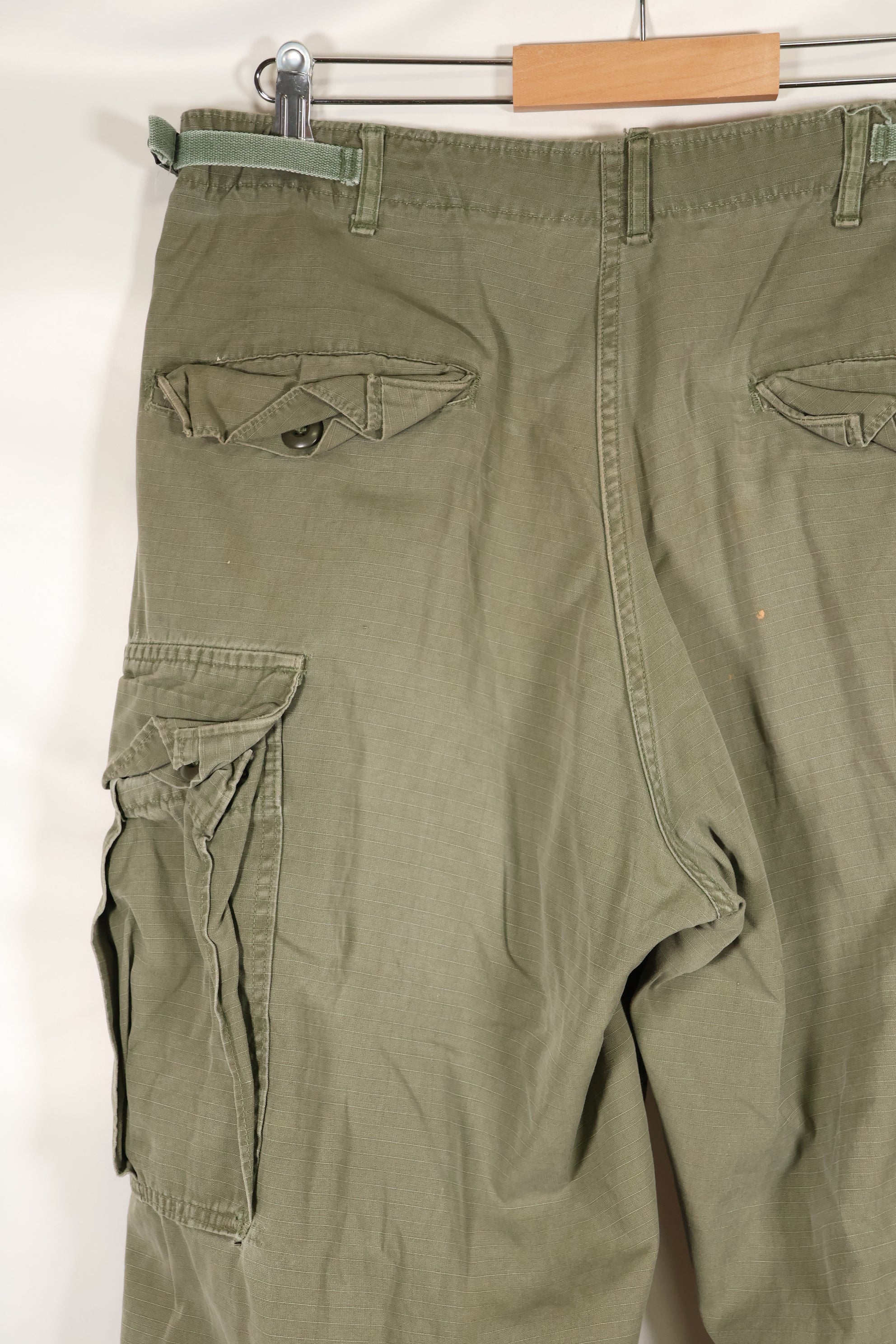 1969 Contract M-R 4th Model Jungle Fatigue Pants, stained, faded, used.