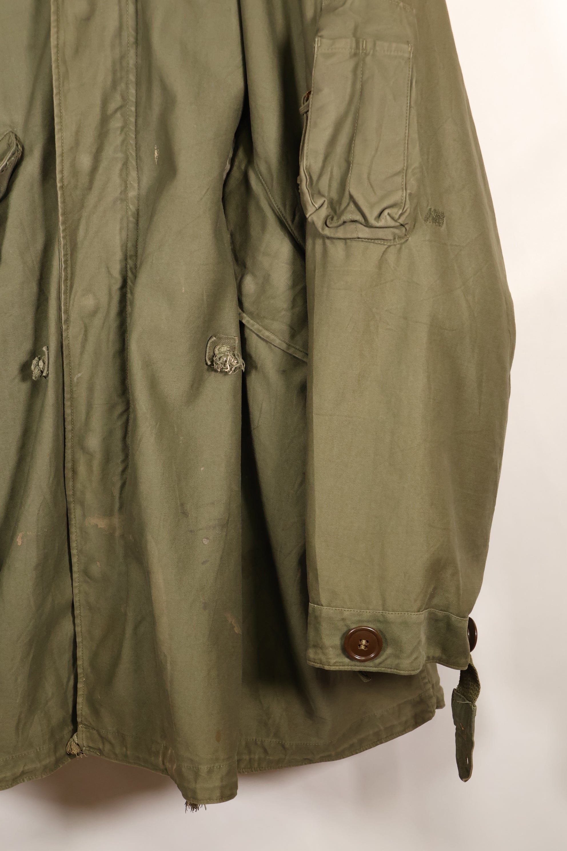 Late 1940's L size US Army M-48 Field Parka with repairs, used movie company costume.
