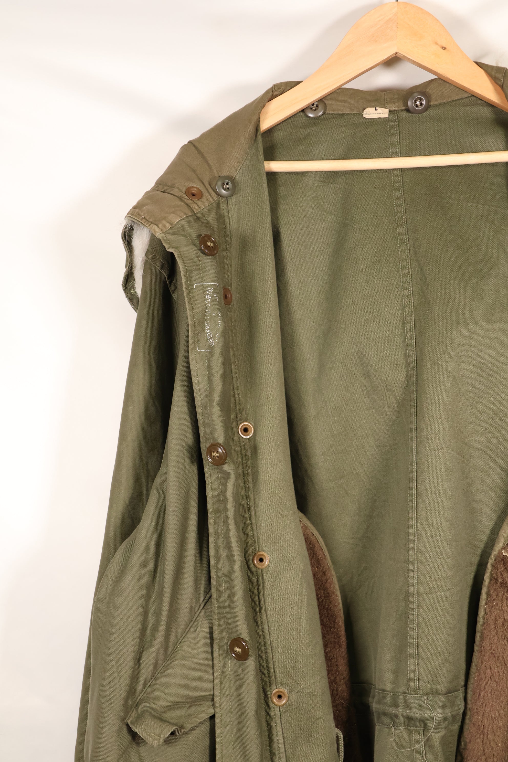 Late 1940's L size US Army M-48 Field Parka with repairs, used movie company costume.