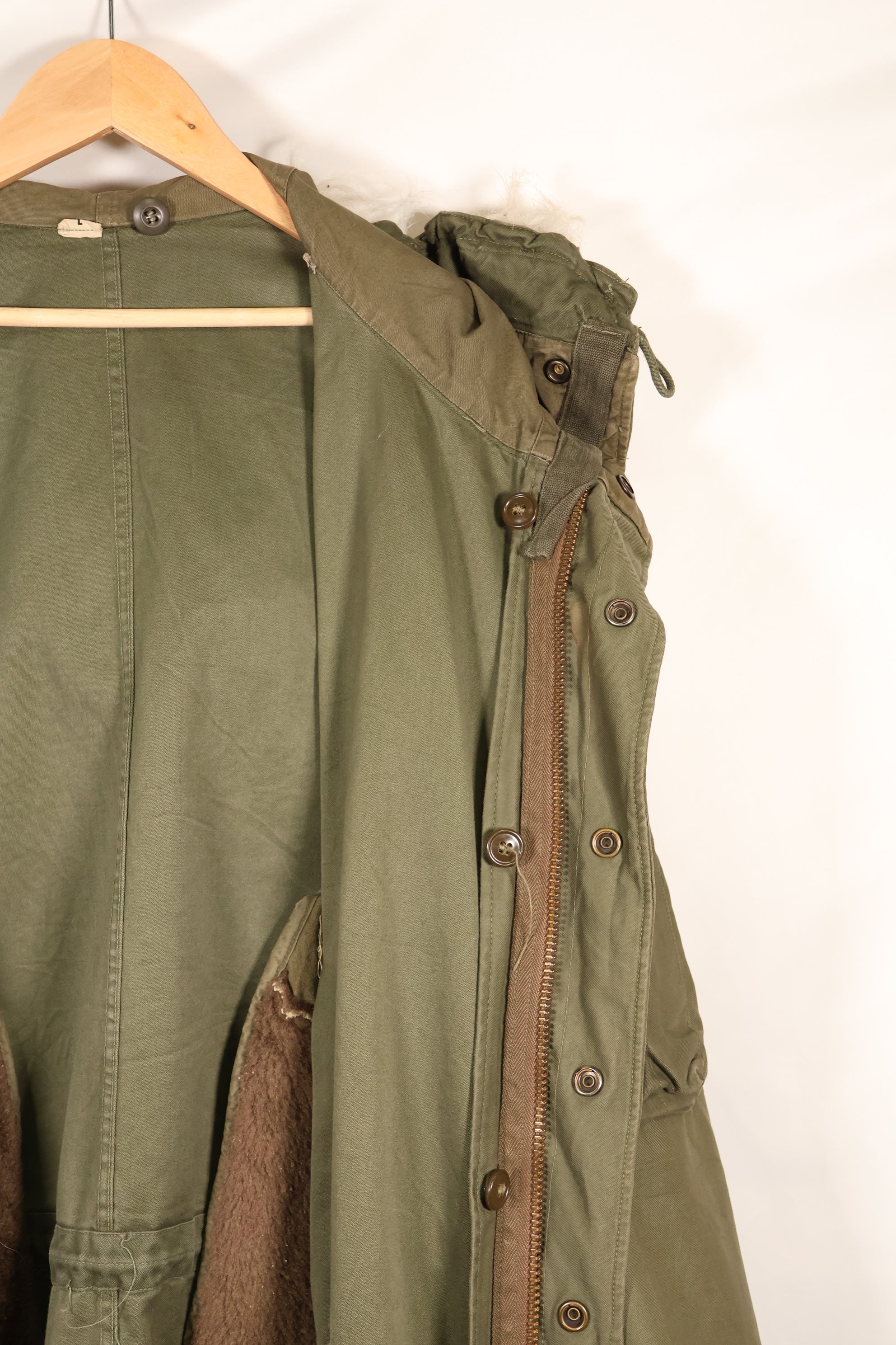 Late 1940's L size US Army M-48 Field Parka with repairs, used movie company costume.