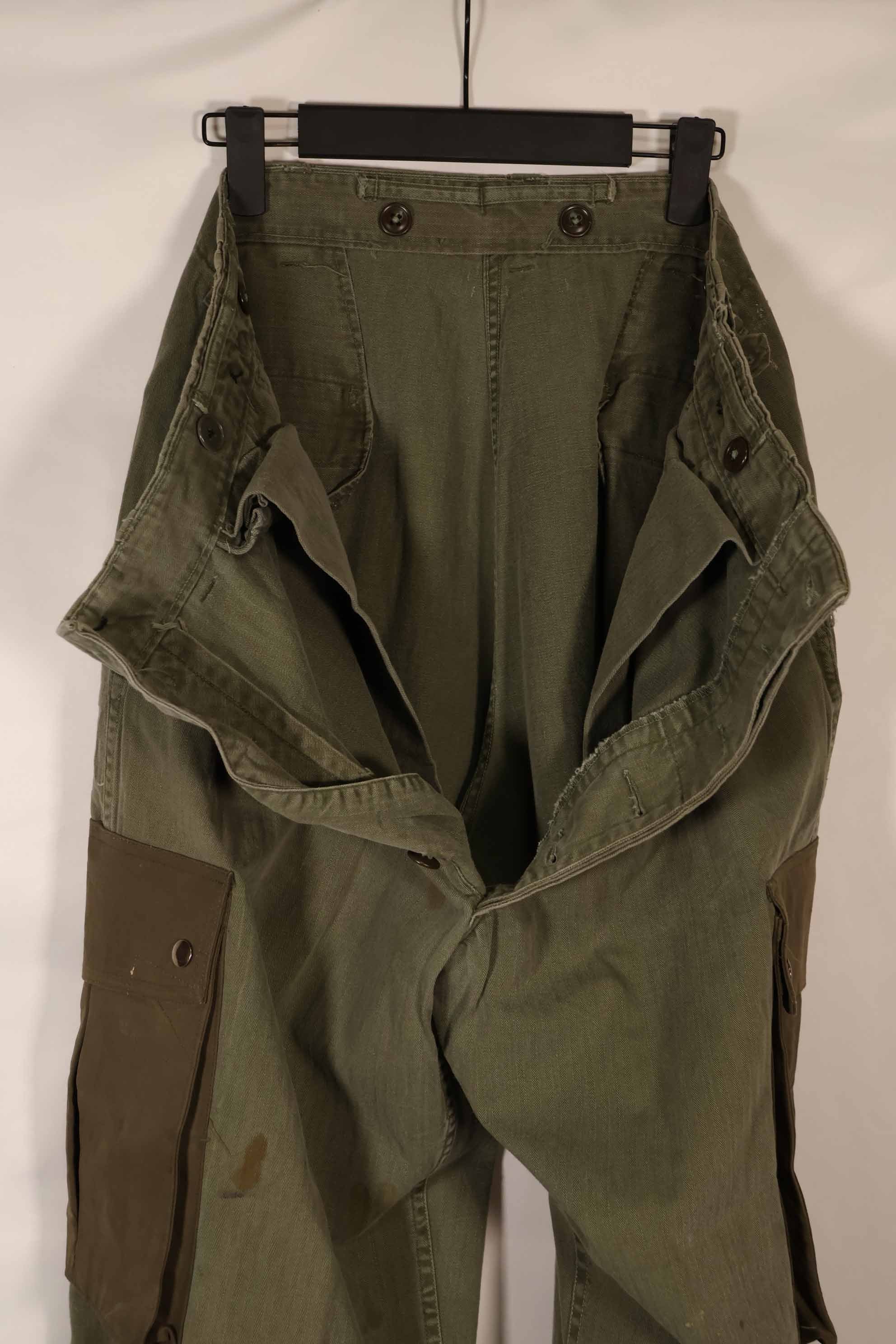 Real 1940s-50s US Army HBT pants, modified pockets, used.