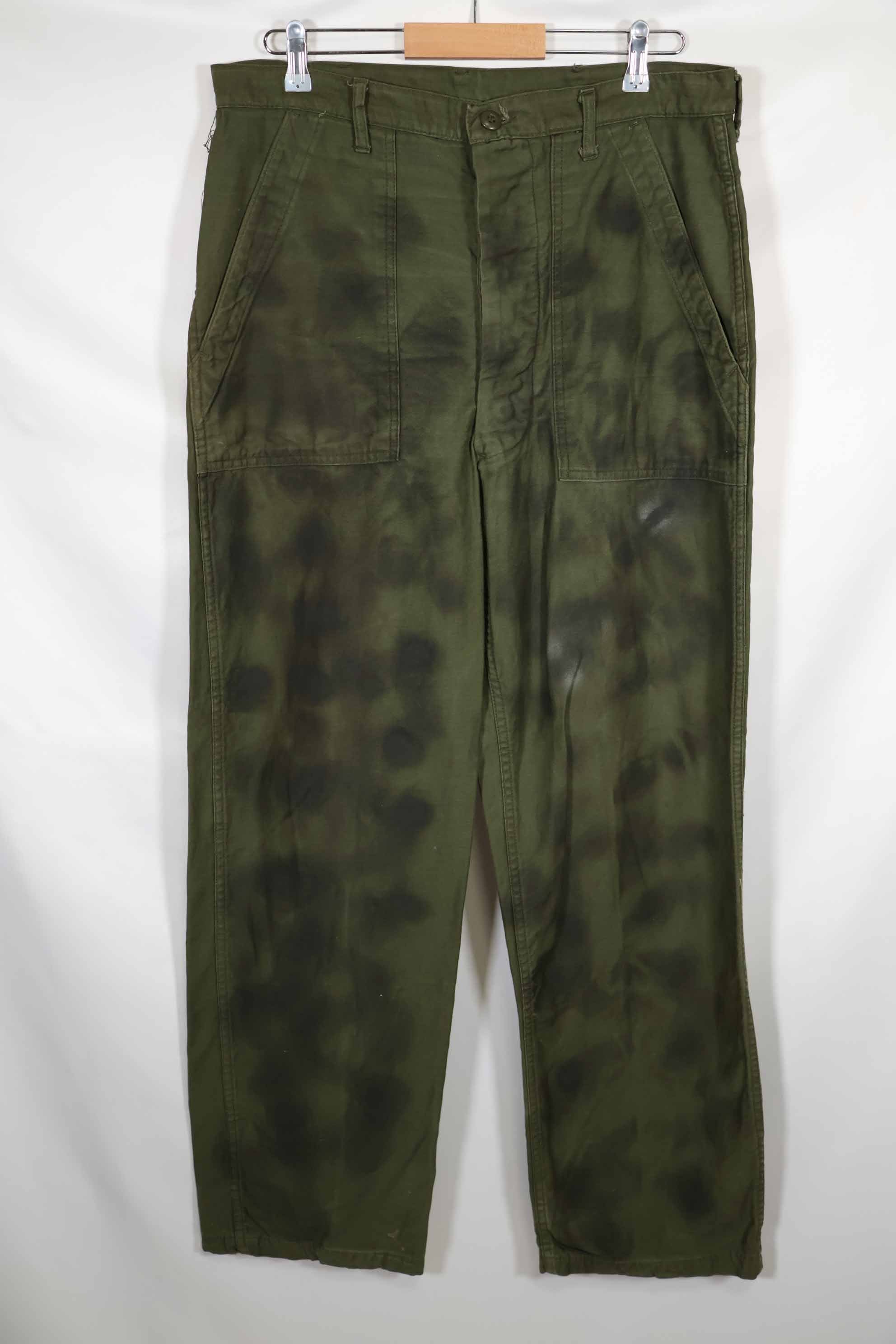 Real 1960s lot OG-107 baker pants, hand painted camouflage, used.