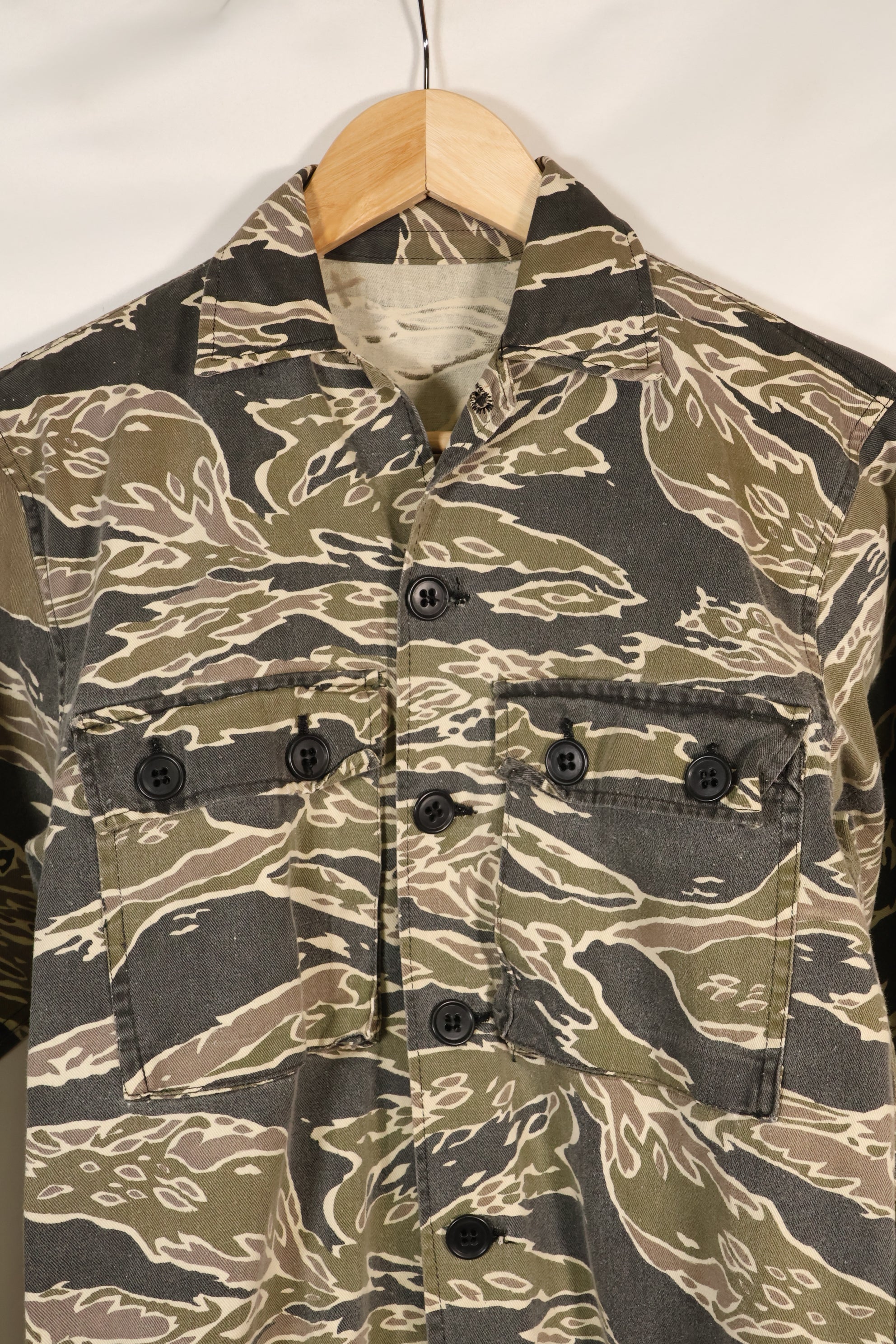 Early 1970s Late War Pattern Tiger Stripe Heavy Cotton Shirt, faded, used.