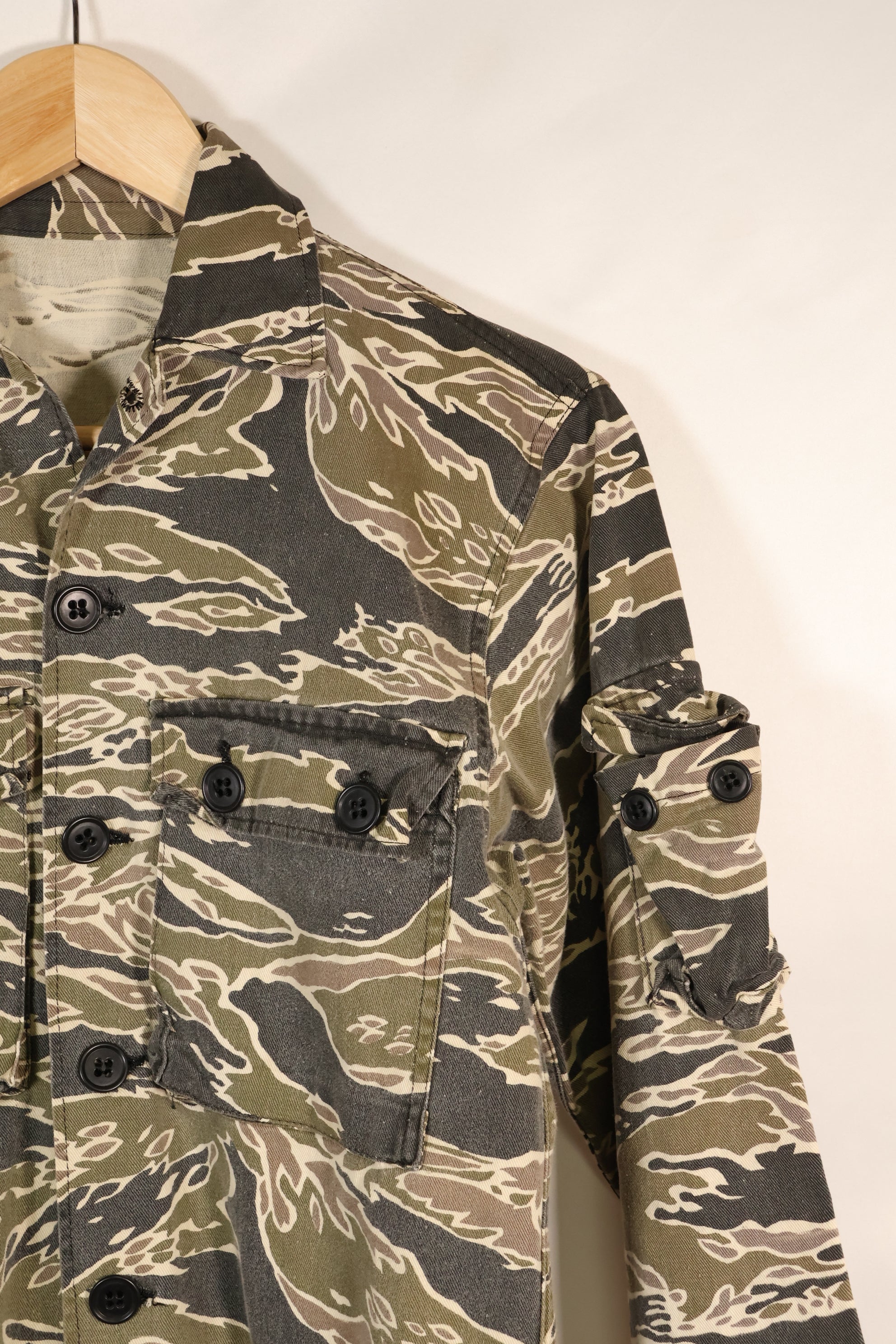 Early 1970s Late War Pattern Tiger Stripe Heavy Cotton Shirt, faded, used.