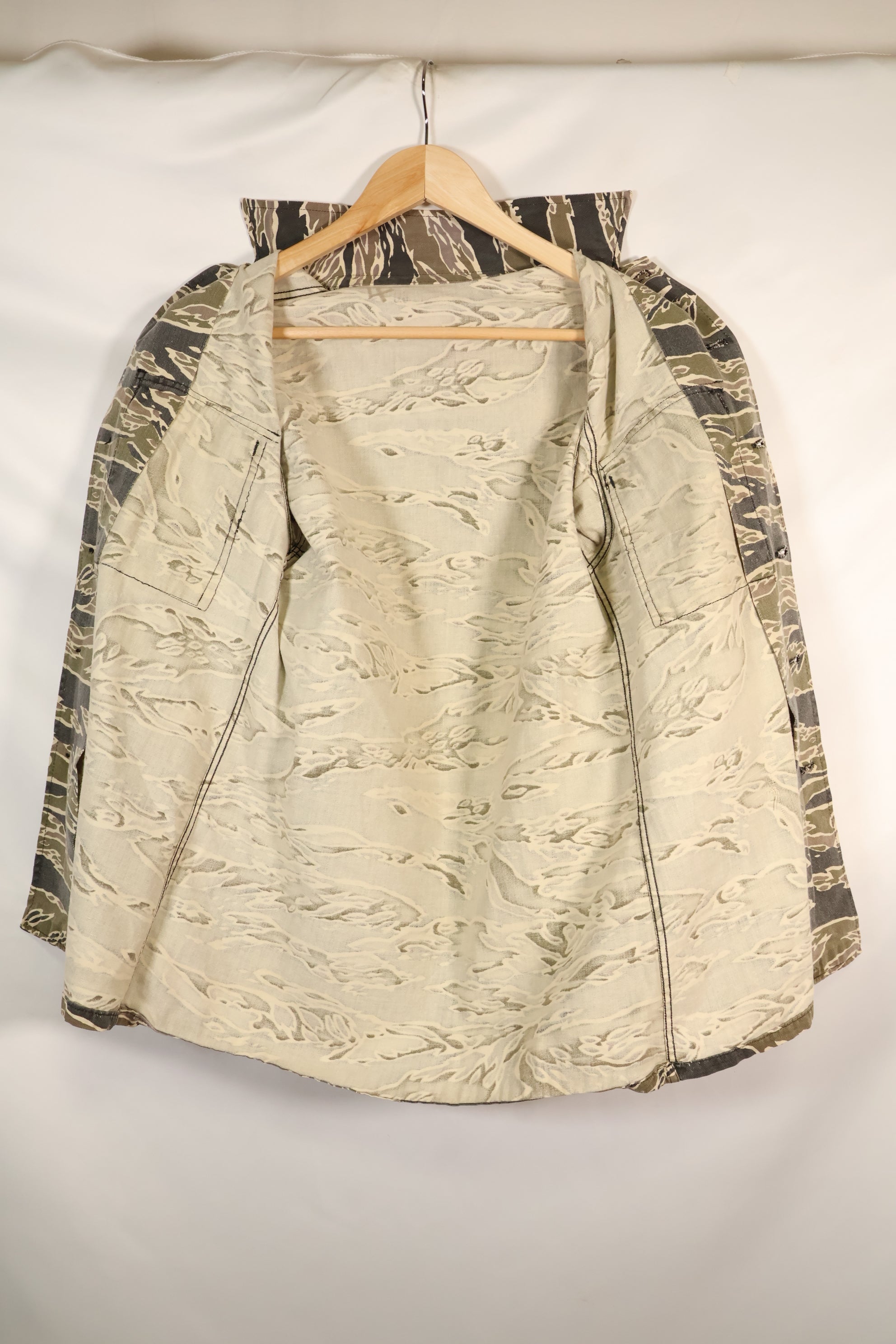 Early 1970s Late War Pattern Tiger Stripe Heavy Cotton Shirt, faded, used.