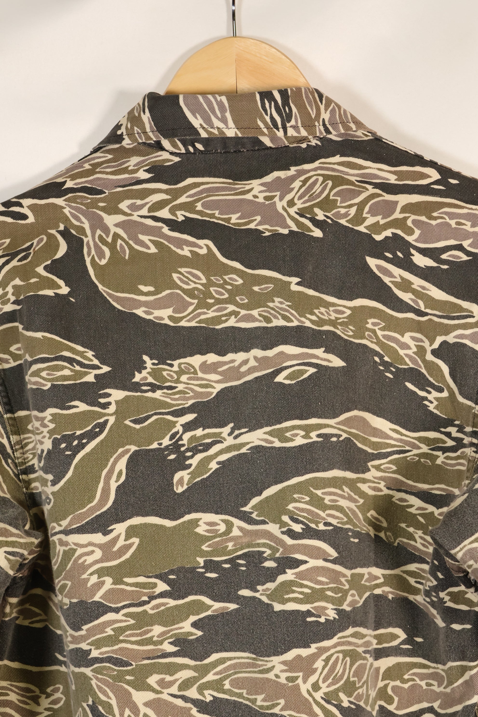 Early 1970s Late War Pattern Tiger Stripe Heavy Cotton Shirt, faded, used.