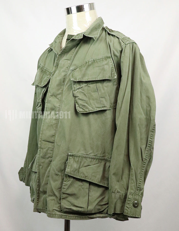 Real 2nd model jungle fatigues jacket, worn, scratched, faded.