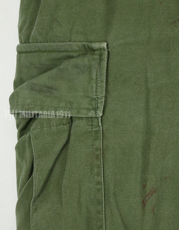 Original 2nd model Jungle Fatigue pants, non-ripstop, worn, scratched, faded. Scuffed, faded