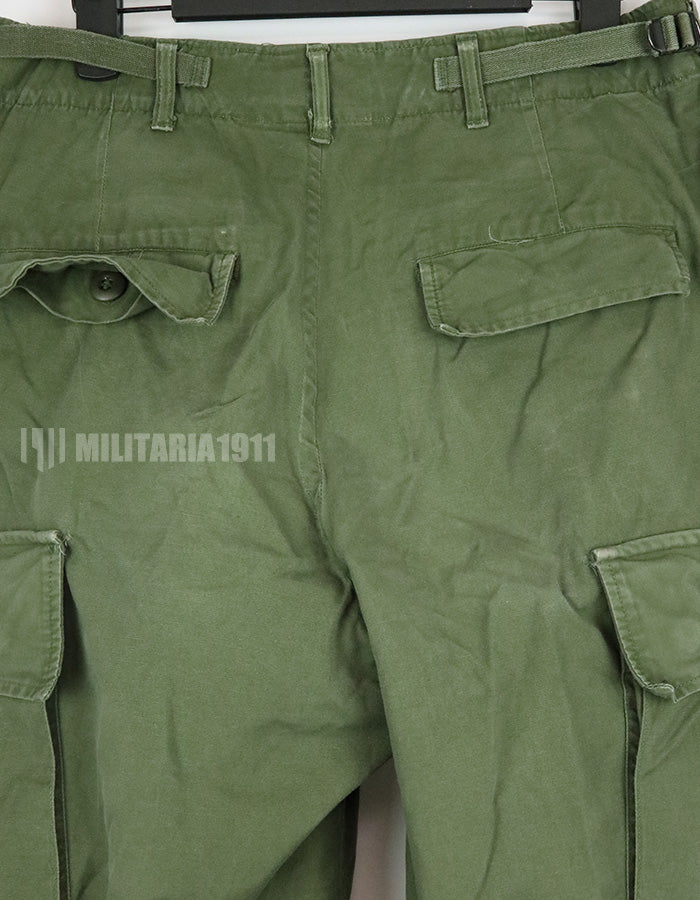 Original 2nd model Jungle Fatigue pants, non-ripstop, worn, scratched, faded. Scuffed, faded