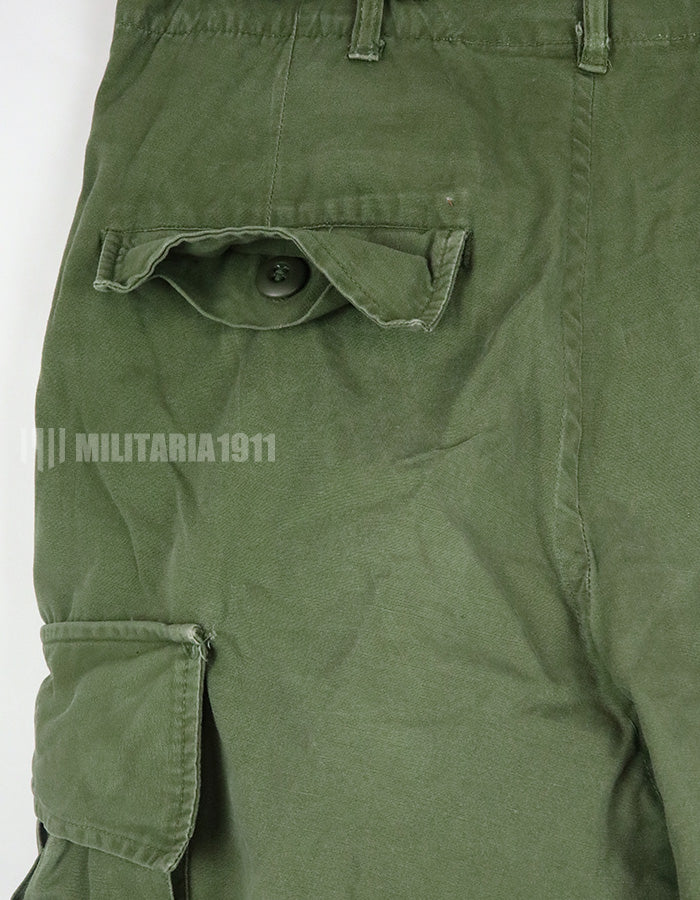 Original 2nd model Jungle Fatigue pants, non-ripstop, worn, scratched, faded. Scuffed, faded