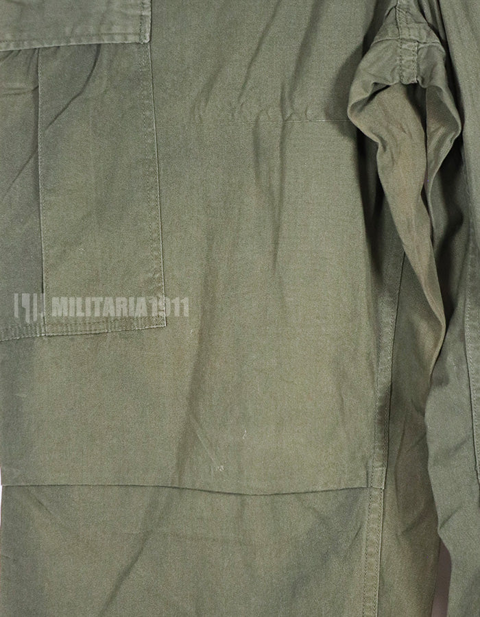 Real 1967 poplin fabric jungle fatigues pants, used, repaired.