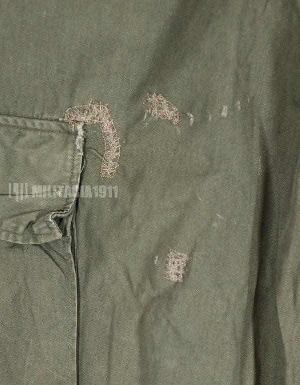 Real 1967 poplin fabric jungle fatigues pants, used, repaired.